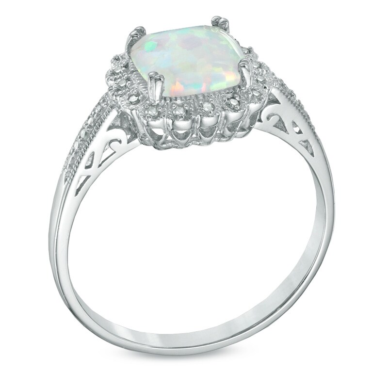 Main Image 2 of Lab-Created Opal and 1/10 CT. T.W. Diamond Pendant, Ring and Earrings Set in Sterling Silver - Size 7