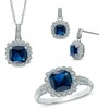 Thumbnail Image 1 of Lab-Created Blue Sapphire and 1/10 CT. T.W. Diamond Pendant, Ring and Earrings Set in Sterling Silver - Size 7