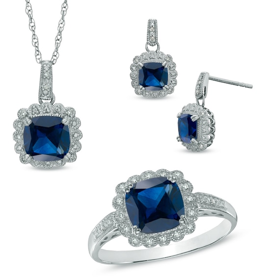 Lab-Created Blue Sapphire and 1/10 CT. T.w. Diamond Pendant, Ring and Earrings Set in Sterling Silver - Size 7