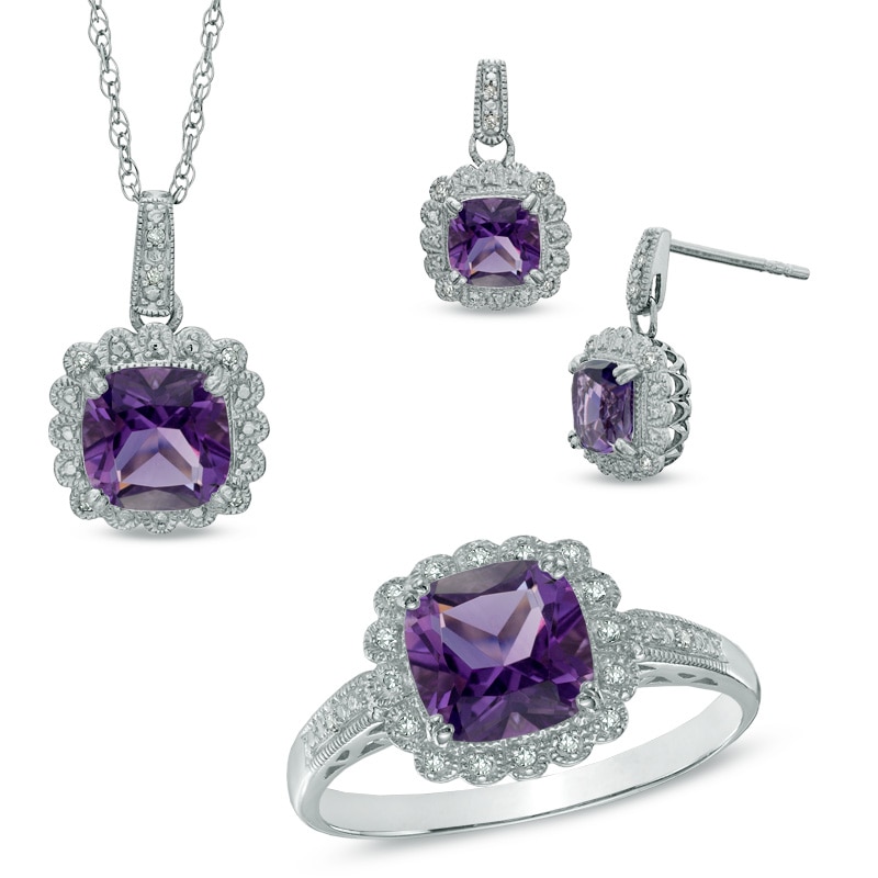 Main Image 1 of Amethyst and 1/10 CT. T.W. Diamond Pendant, Ring and Earrings Set in Sterling Silver - Size 7