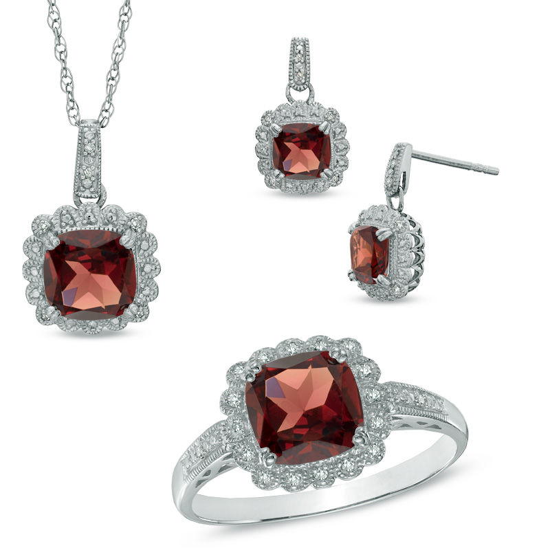 Garnet and 1/10 CT. T.W. Diamond Pendant, Ring and Earrings
