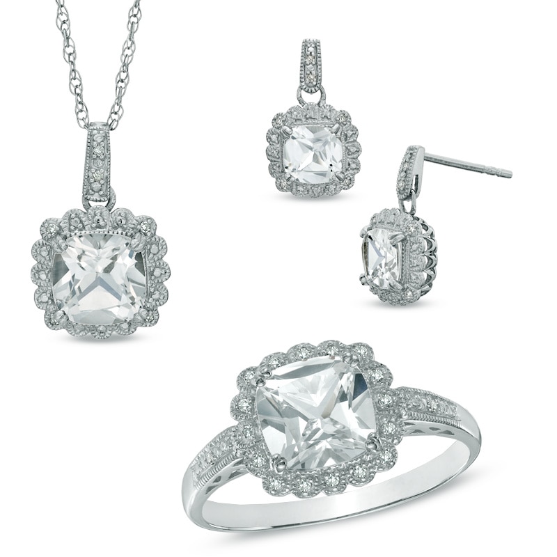 Main Image 1 of Lab-Created White Sapphire and 1/10 CT. T.W. Diamond Pendant, Ring and Earrings Set in Sterling Silver - Size 7