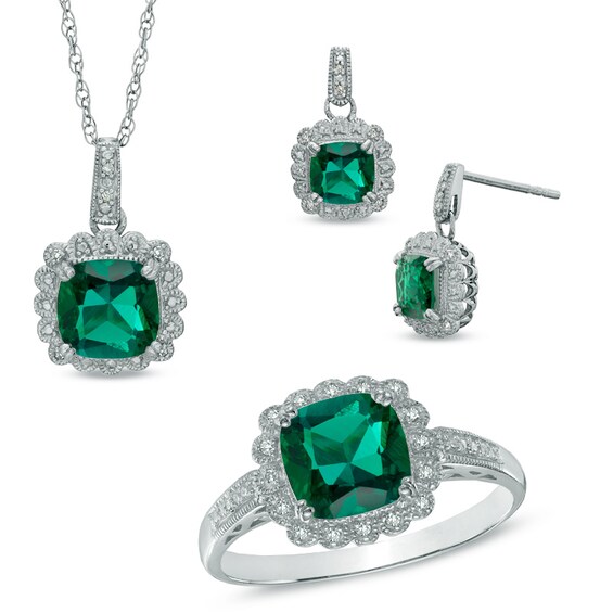 Lab-Created Emerald and 1/10 CT. T.w. Diamond Pendant, Ring and Earrings Set in Sterling Silver - Size 7