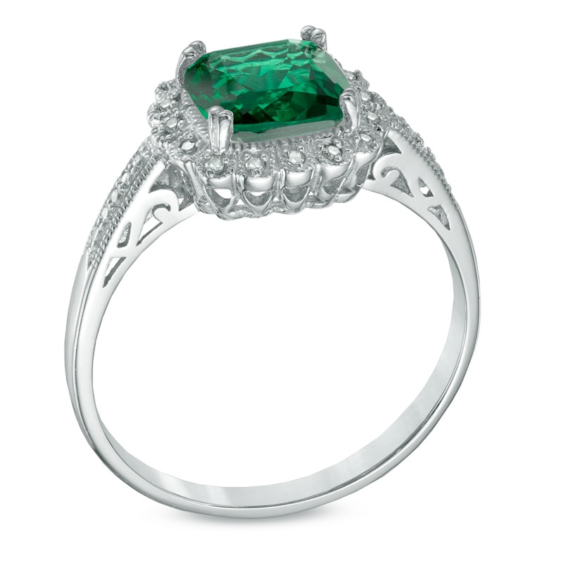 Lab-Created Emerald and 1/10 CT. T.W. Diamond Pendant, Ring and Earrings Set in Sterling Silver - Size 7