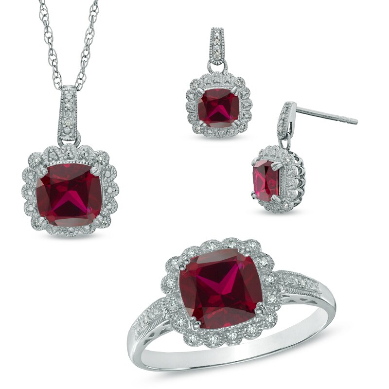 Main Image 1 of Lab-Created Ruby and 1/10 CT. T.W. Diamond Pendant, Ring and Earrings Set in Sterling Silver - Size 7