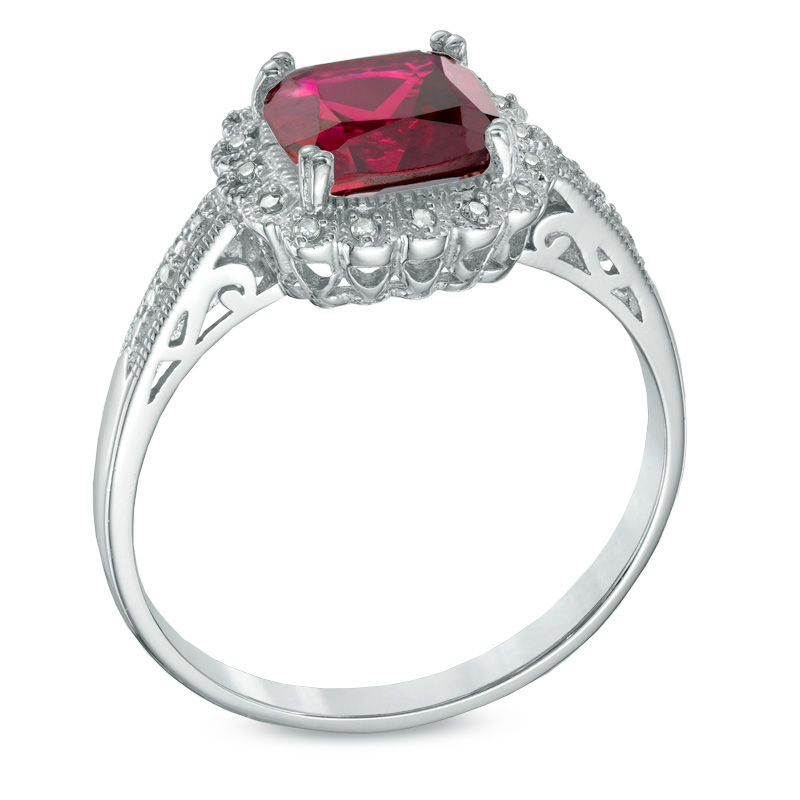 Main Image 2 of Lab-Created Ruby and 1/10 CT. T.W. Diamond Pendant, Ring and Earrings Set in Sterling Silver - Size 7