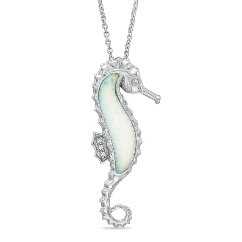 Main Image 1 of Lab-Created Opal and Diamond Accent Seahorse Pendant in Sterling Silver