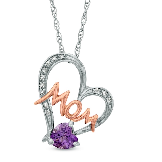5.0mm Heart-Shaped Amethyst and Diamond Accent Mom Heart Pendant in Sterling Silver with 14K Rose Gold Plate