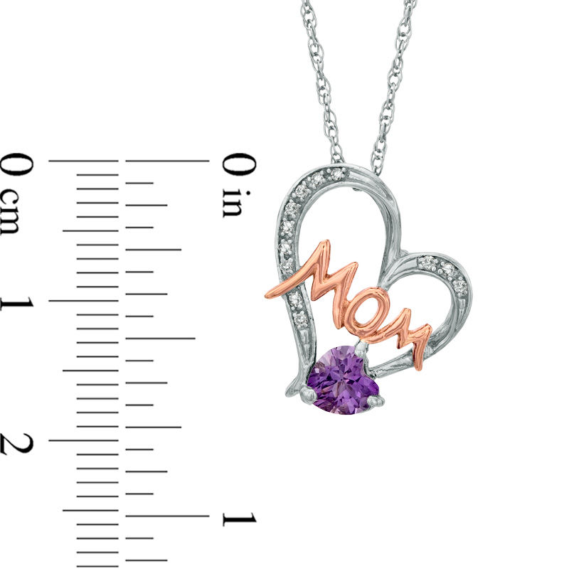 Main Image 2 of 5.0mm Heart-Shaped Amethyst and Diamond Accent "MOM" Heart Pendant in Sterling Silver with 14K Rose Gold Plate