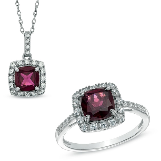 7.0mm Cushion-Cut Garnet and Lab-Created White Sapphire Pendant and Ring Set in Sterling Silver - Size 7