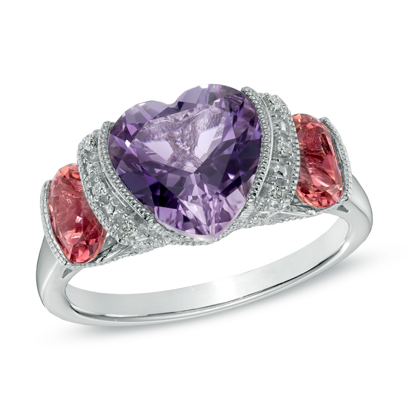 Main Image 1 of 9.0mm Heart-Shaped Amethyst, Pink Tourmaline and Diamond Accent Ring in Sterling Silver