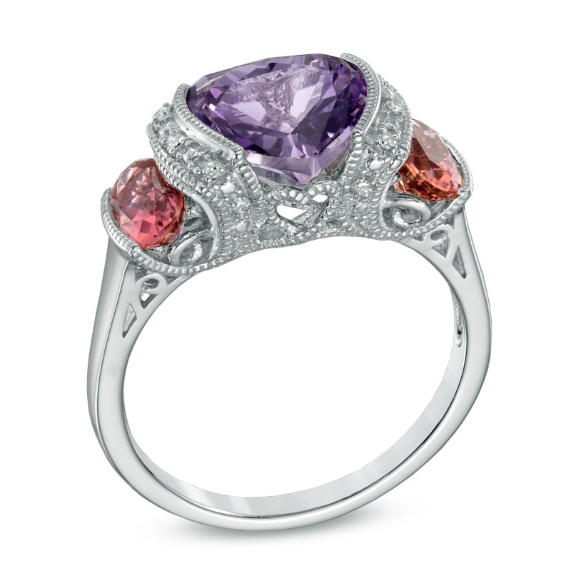 Main Image 2 of 9.0mm Heart-Shaped Amethyst, Pink Tourmaline and Diamond Accent Ring in Sterling Silver
