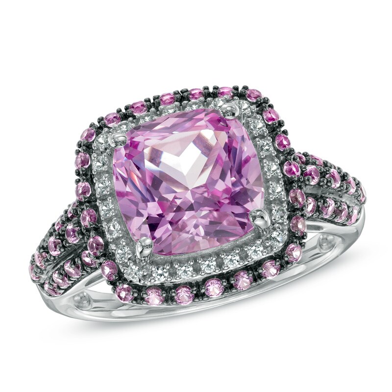 Main Image 1 of 9.0mm Cushion-Cut Lab-Created Pink and White Sapphire Frame Ring in Sterling Silver