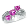Thumbnail Image 1 of Heart-Shaped Lab-Created Pink and White Sapphire Three Stone Ring in Sterling Silver