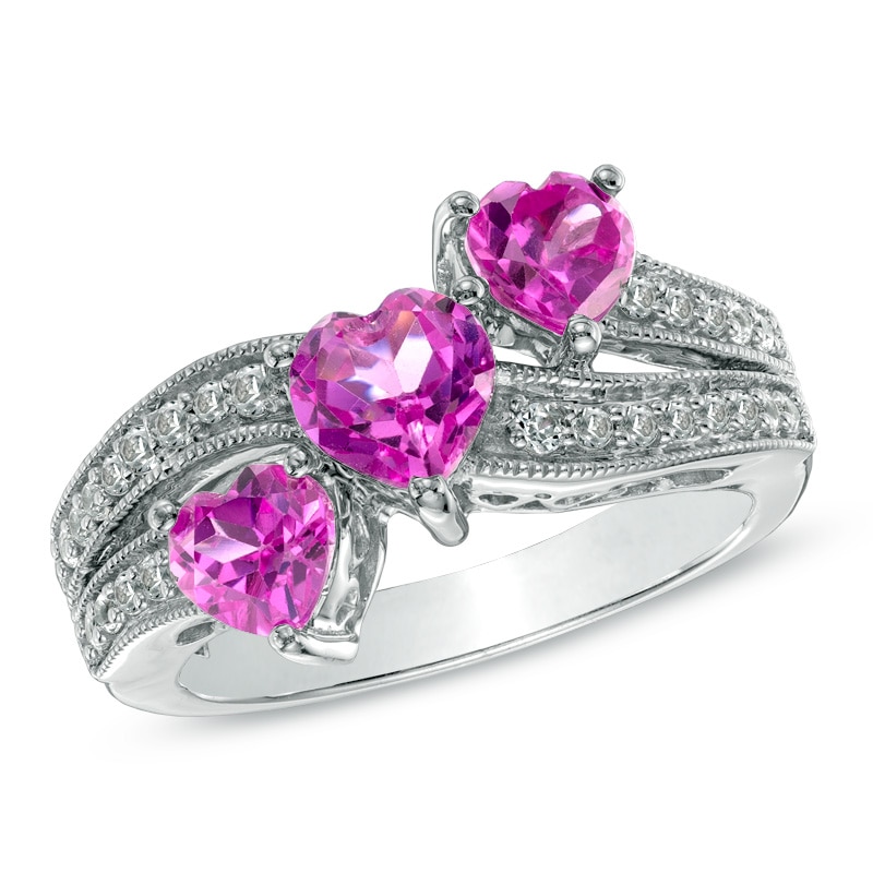 Main Image 1 of Heart-Shaped Lab-Created Pink and White Sapphire Three Stone Ring in Sterling Silver