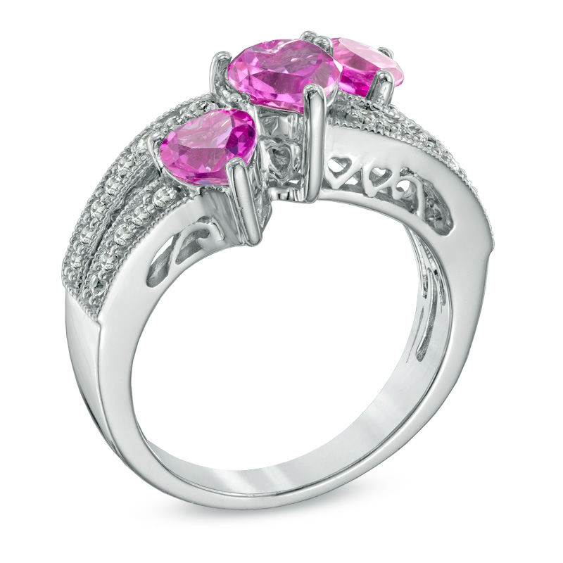 Main Image 2 of Heart-Shaped Lab-Created Pink and White Sapphire Three Stone Ring in Sterling Silver