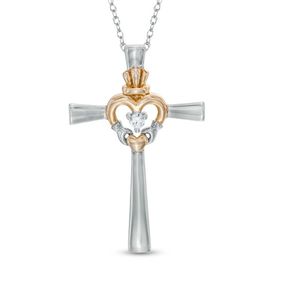 Diamond Accent Cross with Claddagh Heart Pendant in 10K Two-Tone Gold