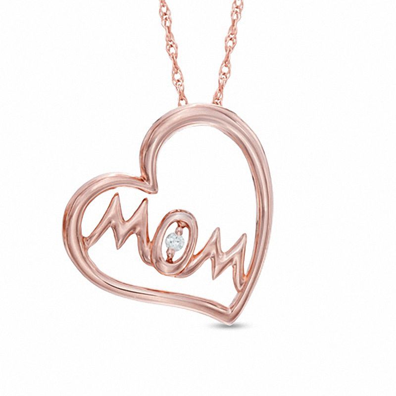 Diamond Accent Curved Heart with "MOM" Pendant in 10K Rose Gold