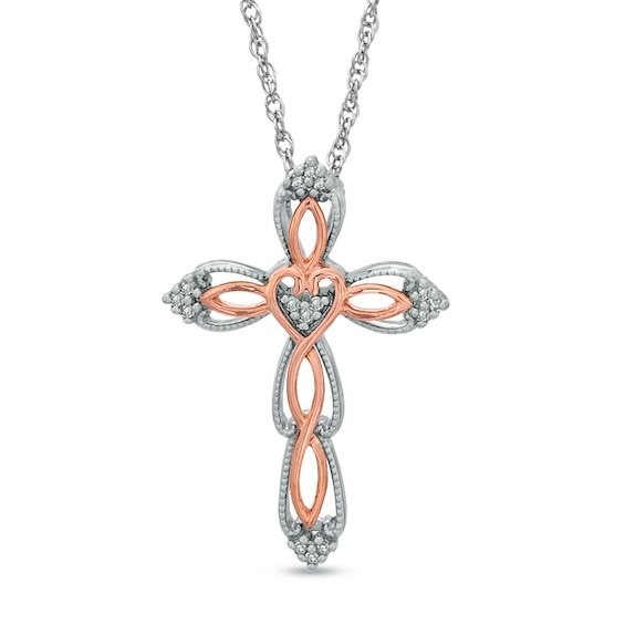 Sterling Silver with 10k Rose Accent Diamond Heart Cross Necklace Sterling Silver with 10k Rose Accent Diamond Heart Cross Necklace