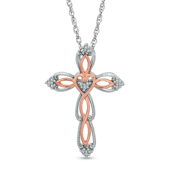 Diamond Accent Vintage-Style Cross Pendant in Sterling Silver and 10K Rose Gold