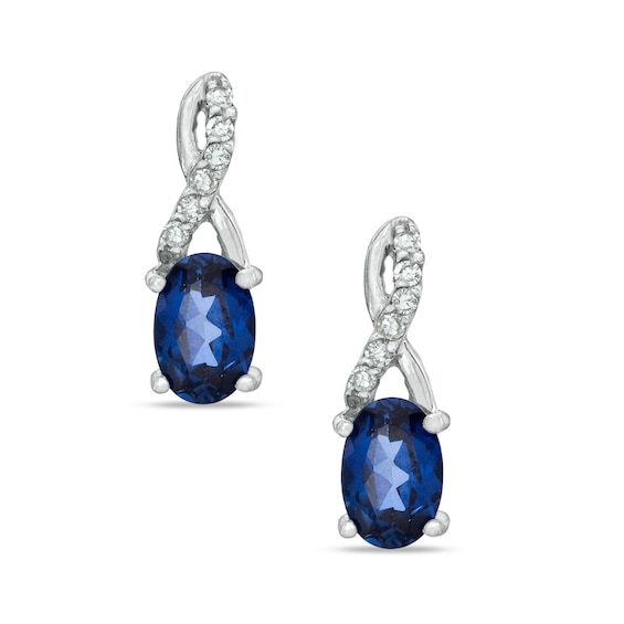 Oval Lab-Created Blue Sapphire and Diamond Accent Twist Earrings in 10K White Gold