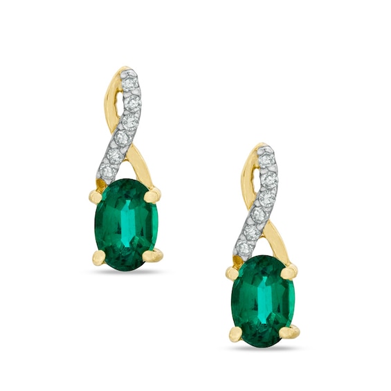 Oval Lab-Created Emerald and Diamond Accent Twist Earrings in 10K Gold