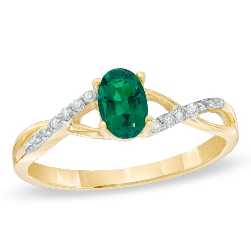 Main Image 1 of Oval Lab-Created Emerald and Diamond Accent Twist Engagement Ring in 10K Gold