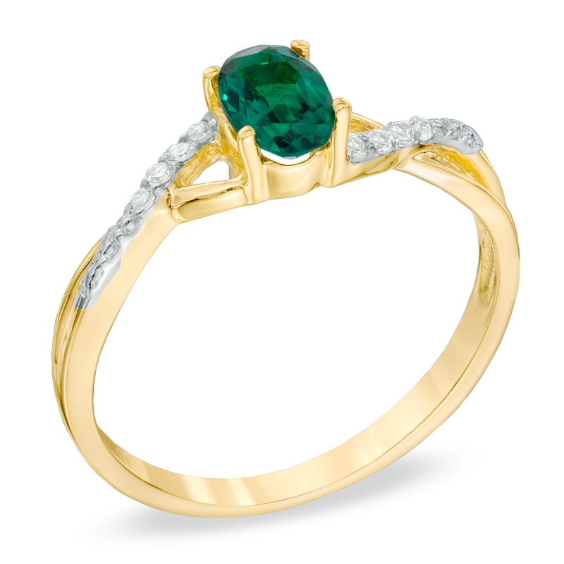Main Image 2 of Oval Lab-Created Emerald and Diamond Accent Twist Engagement Ring in 10K Gold