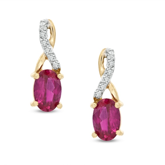 Oval Lab-Created Ruby and Diamond Accent Twist Earrings in 10K Gold
