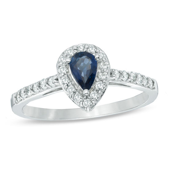 Pear-Shaped Blue Sapphire and 1/4 CT. T.W. Diamond Engagement Ring in ...