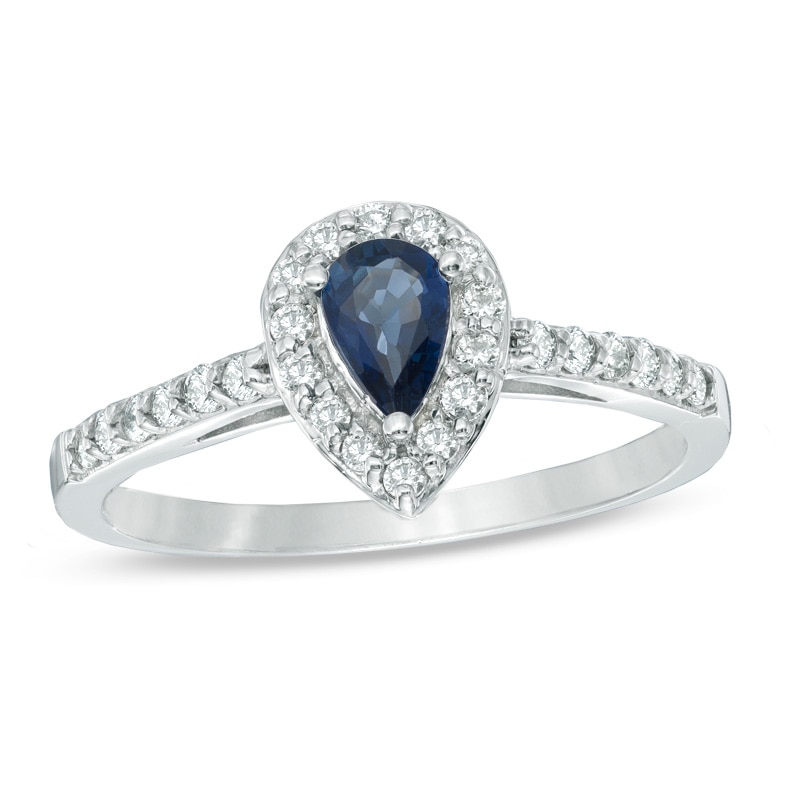 Main Image 1 of Pear-Shaped Blue Sapphire and 1/4 CT. T.W. Diamond Engagement Ring in 10K White Gold