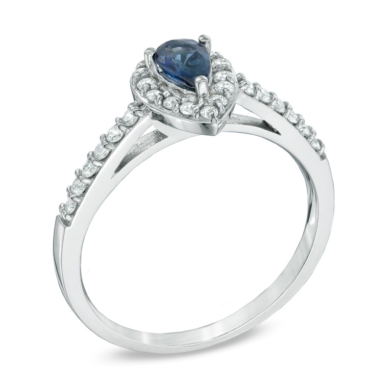Main Image 2 of Pear-Shaped Blue Sapphire and 1/4 CT. T.W. Diamond Engagement Ring in 10K White Gold