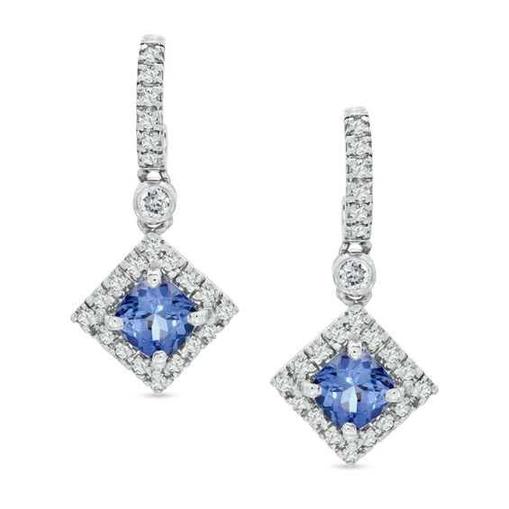 5 0mm Princess Cut Tanzanite And 1 3 Ct T W Diamond Drop Earrings 5 0mm Princess Cut Tanzanite And 1 3 Ct T W Diamond Drop Earrings