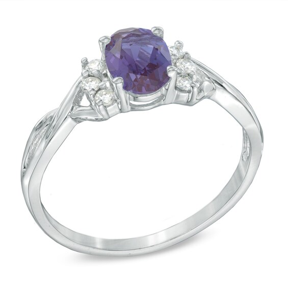 Oval Lab-Created Alexandrite and 1/8 CT. T.w. Diamond Ring in 10K White Gold