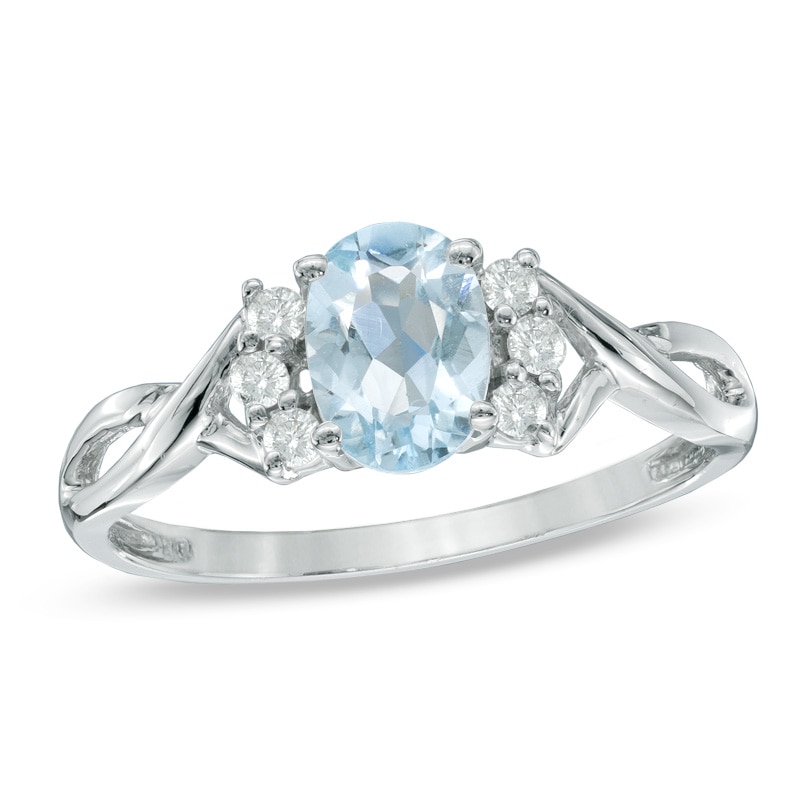 Oval Aquamarine and 1/8 CT. T.W. Diamond Ring in 10K White Gold
