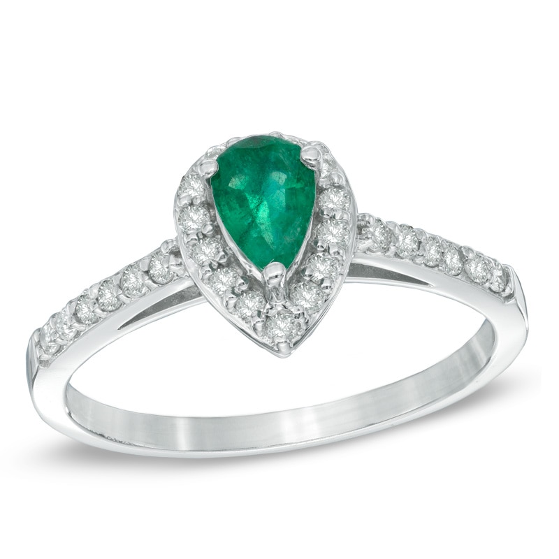 Main Image 1 of Pear-Shaped Emerald and 1/4 CT. T.W. Diamond Engagement Ring in 10K White Gold