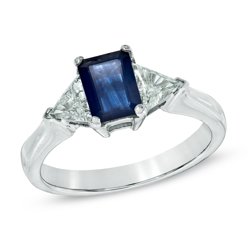 Emerald-Cut Blue Sapphire and 1/2 CT. T.W. Trillion-Cut Diamond Ring in 14K White Gold