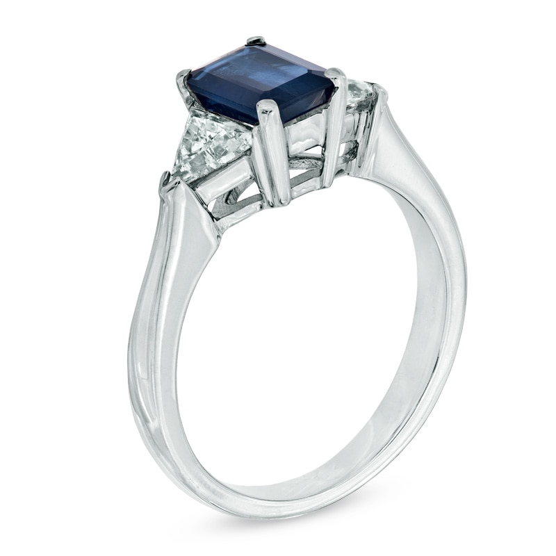 Emerald-Cut Blue Sapphire and 1/2 CT. T.W. Trillion-Cut Diamond Ring in 14K White Gold