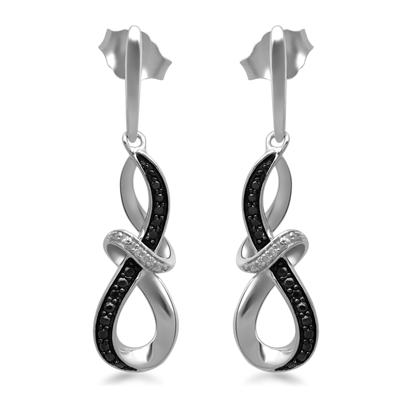 Enhanced Black and White Diamond Accent Abstract Infinity Drop Earrings in Sterling Silver