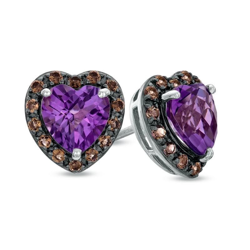 Main Image 1 of 6.0mm Heart-Shaped Amethyst and Smoky Quartz Stud Earrings in Sterling Silver