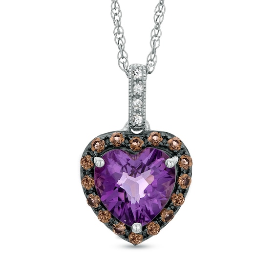 8.0mm Heart-Shaped Amethyst, Smoky Quartz and Lab-Created White Sapphire Pendant in Sterling Silver