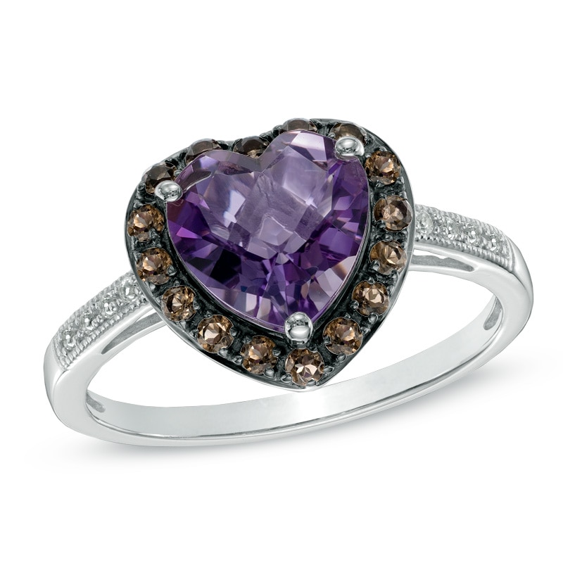 8.0mm Heart-Shaped Amethyst, Smoky Quartz and Lab-Created White Sapphire Ring in Sterling Silver