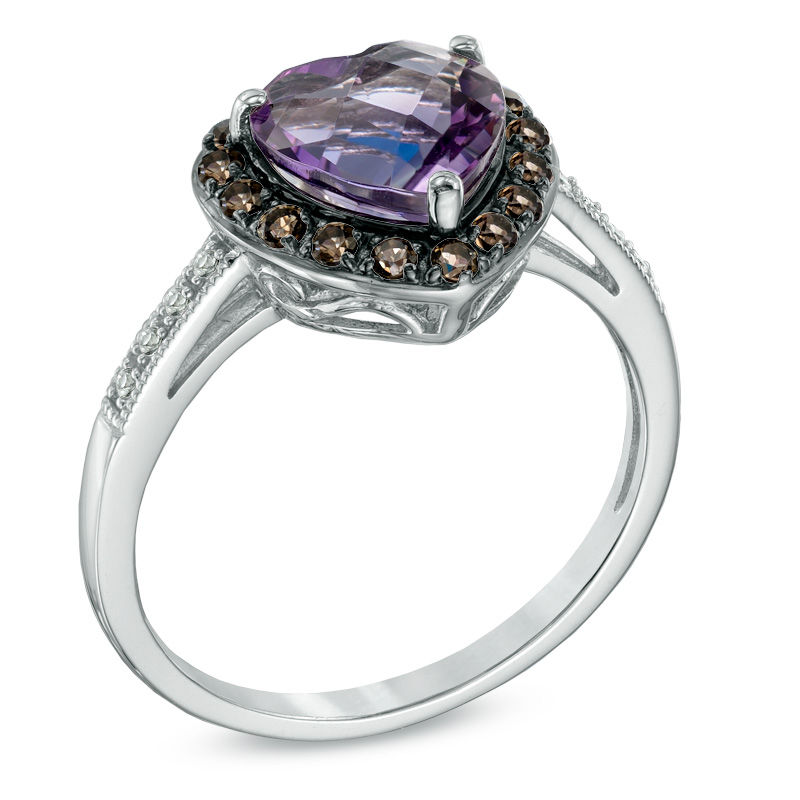 8.0mm Heart-Shaped Amethyst, Smoky Quartz and Lab-Created White Sapphire Ring in Sterling Silver