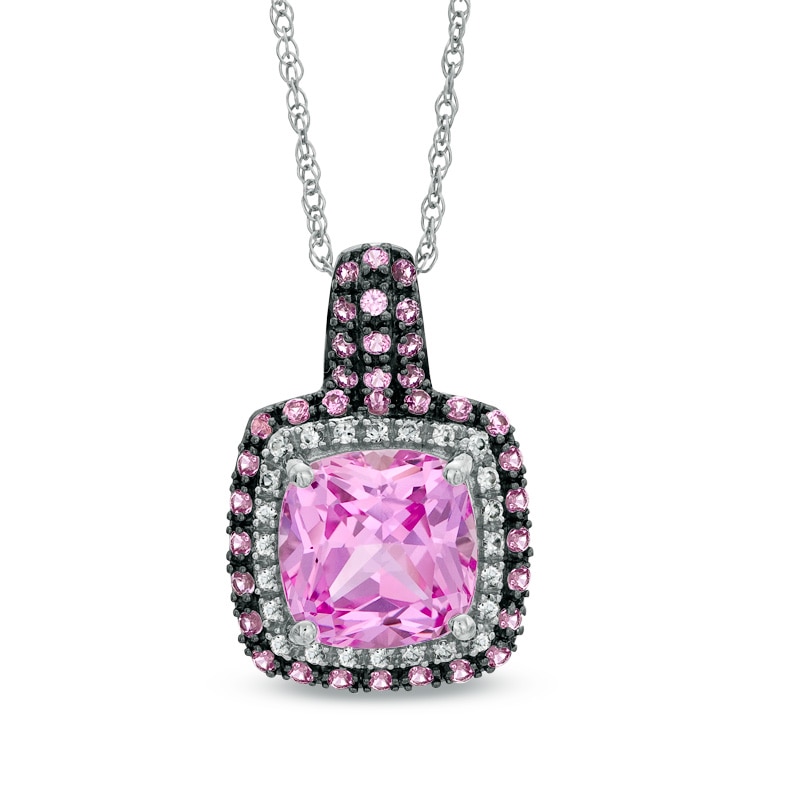 Main Image 1 of 9.0mm Cushion-Cut Lab-Created Pink and White Sapphire Pendant in Sterling Silver