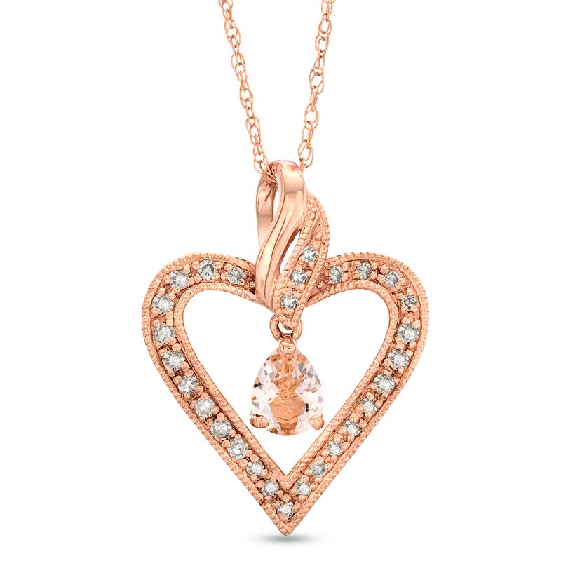 Main Image 1 of Pear-Shaped Morganite and 1/8 CT. T.W. Diamond Heart Pendant in 10K Rose Gold