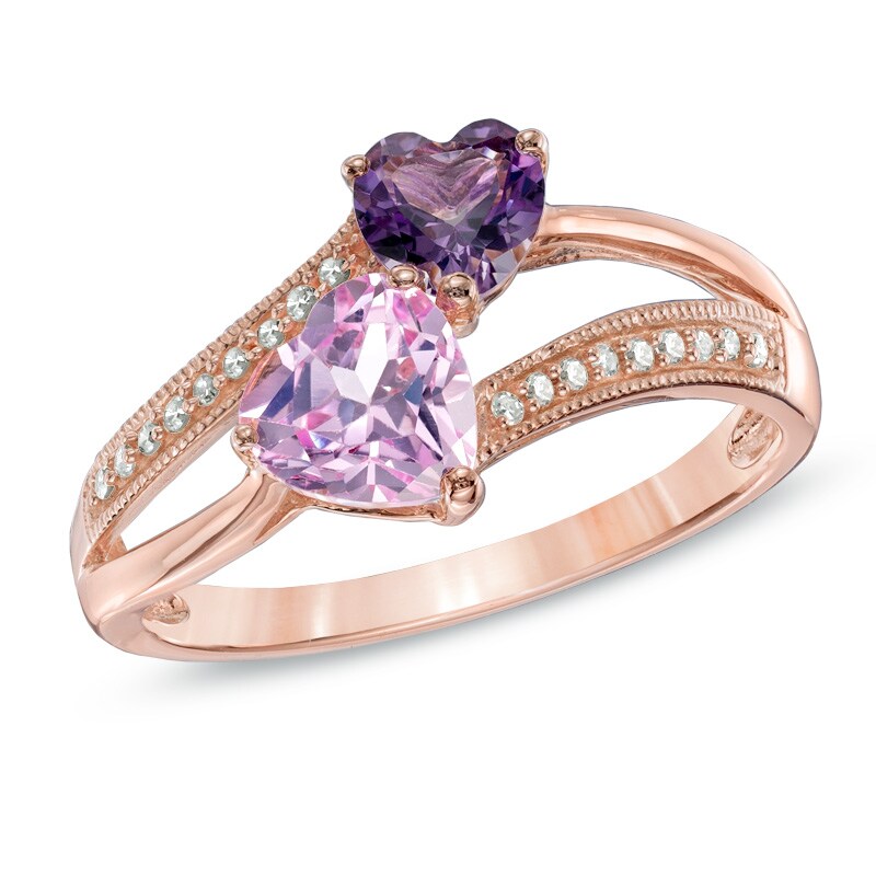 Main Image 1 of Heart-Shaped Amethyst and Lab-Created Pink and White Sapphire Ring in 10K Rose Gold
