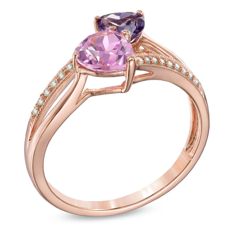 Main Image 2 of Heart-Shaped Amethyst and Lab-Created Pink and White Sapphire Ring in 10K Rose Gold