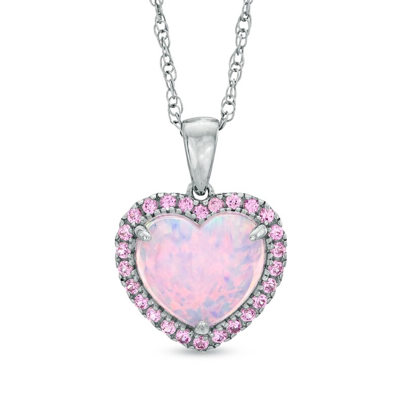 Main Image 1 of Heart-Shaped Lab-Created Pink Opal and Pink Sapphire Heart Pendant in Sterling Silver