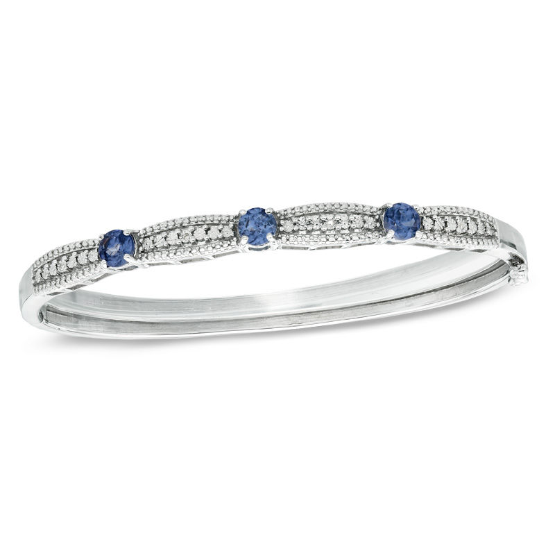 Main Image 1 of Lab-Created Blue Sapphire and Diamond Accent Bangle in Sterling Silver - 7.5"