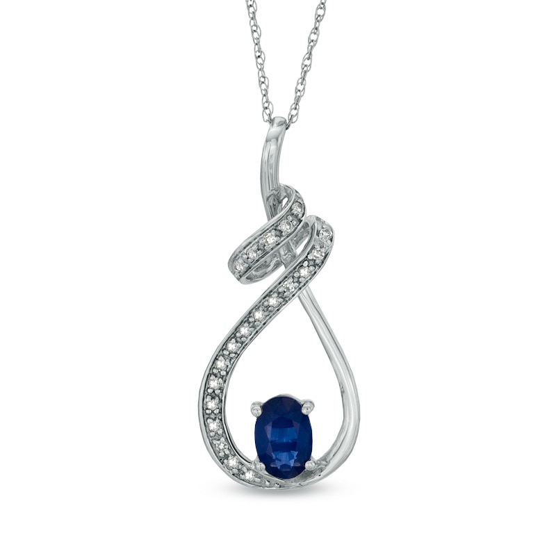 Main Image 1 of Oval Blue Sapphire and Diamond Accent Swirling Loop Pendant in 10K White Gold